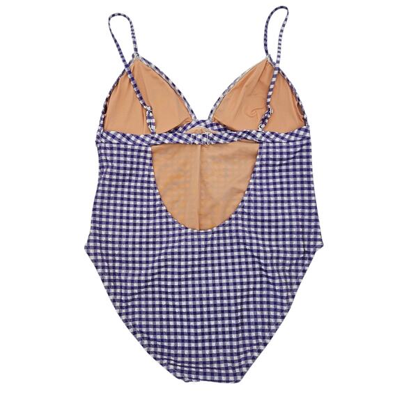J.Crew Plunge One Piece Gingham Swimsuit Size 18 Purple & White Seersucker - Picture 8 of 14